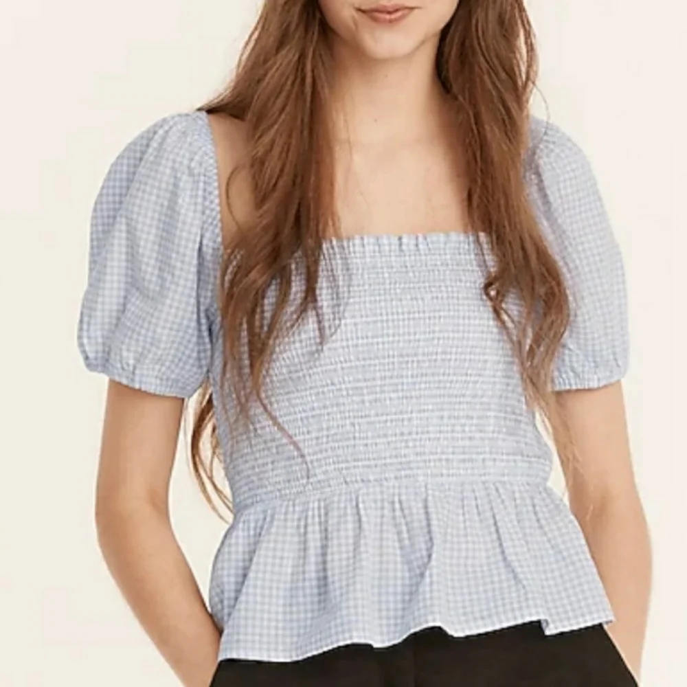 Jcrew Squareneck smocked cotton voile top in gingham Size XXS Blue White